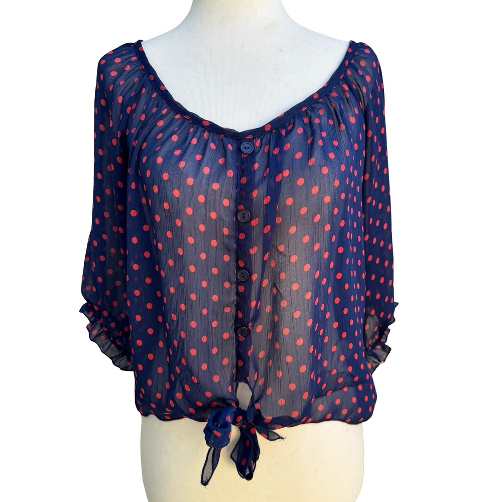 Color of Love Rockabilly Pinup Chiffon Polka Dot‎ Tie Boho Sheer Navy Blouse M
